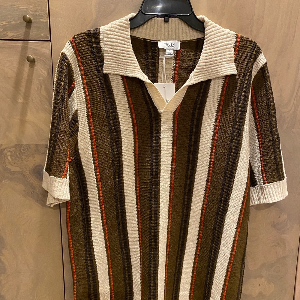 Truth V-Neck Sweater with Brown and Cream Stripes